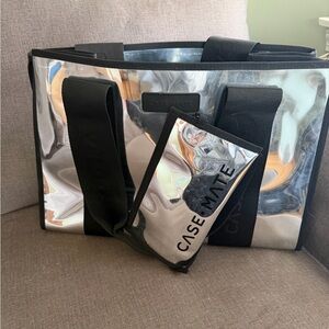 case-mate Metallic Silver Tote with Black Straps and Matching Pouch
